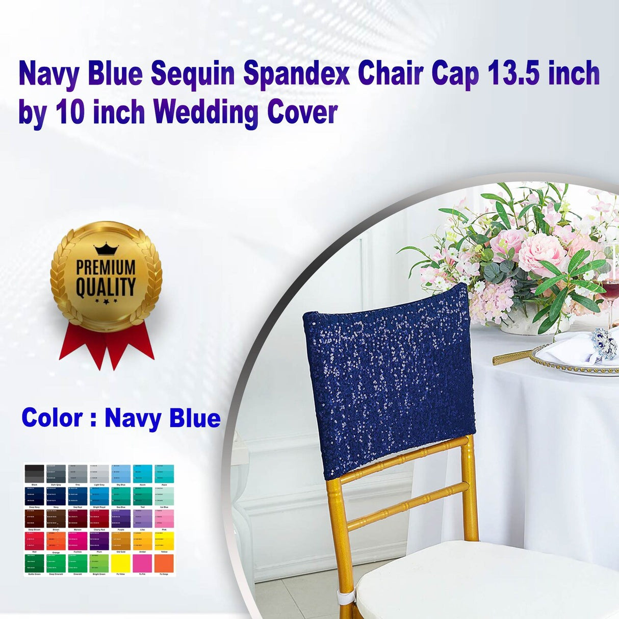 1 Piece Navy Blue Sequin Spandex Chair Cap 13.5 inch by 10 inch Wedding Cover