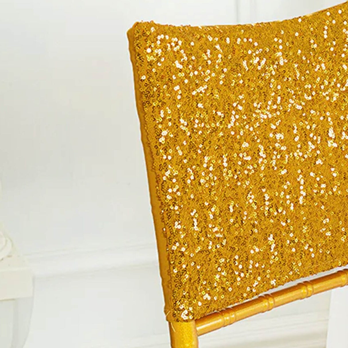 1 Piece Gold Sequin Spandex Chair Cap 13.5 inch by 10 inch Banquet Decor