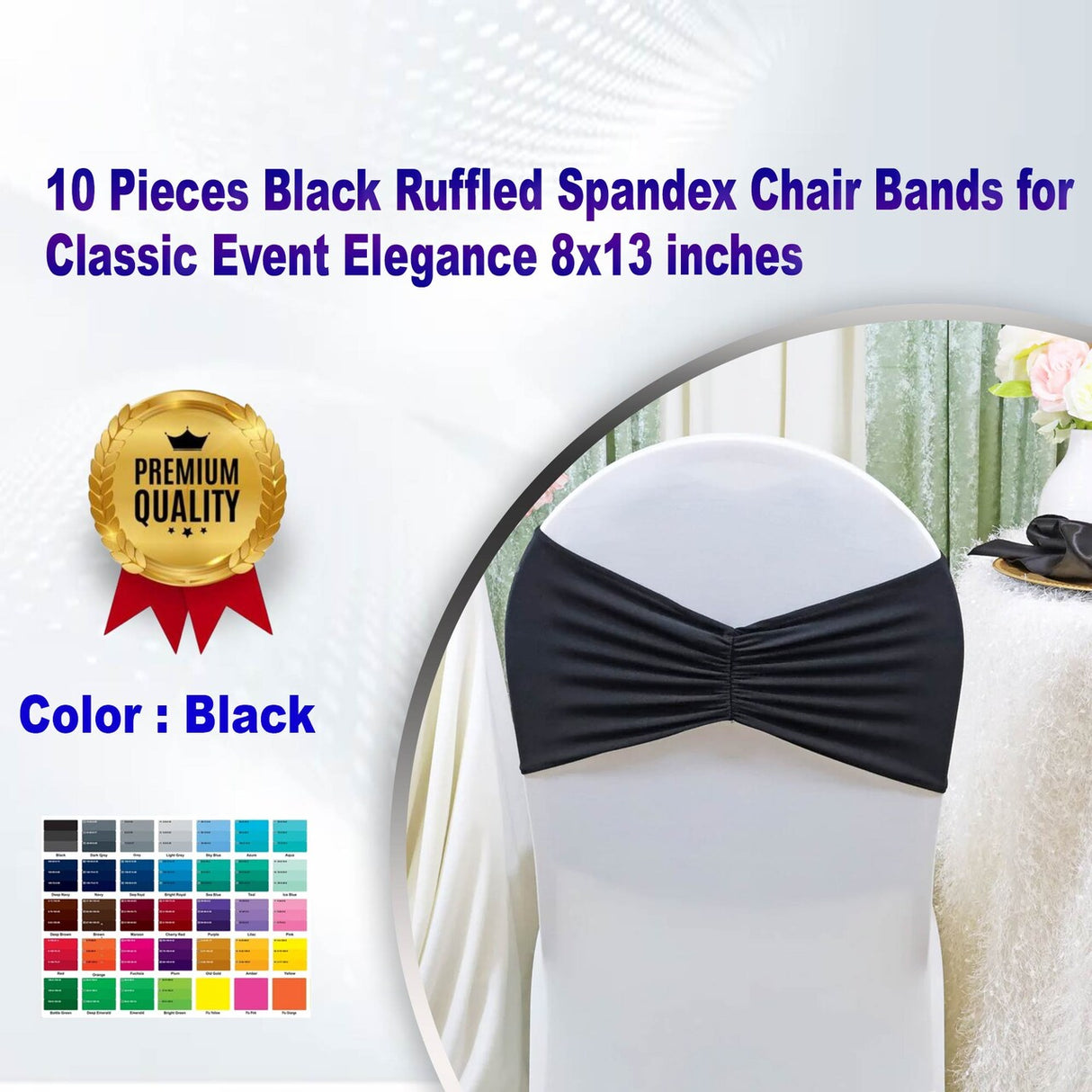 10 Pieces Black Ruffled Spandex Chair Bands for Classic Event Elegance 8x13 inches