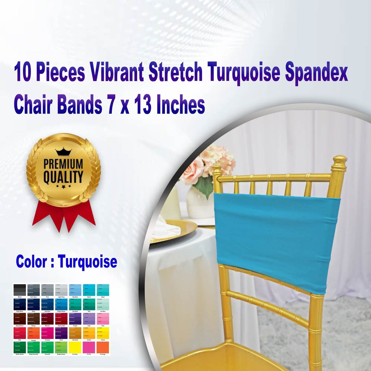 10 Pieces Vibrant Stretch Turquoise Spandex Chair Bands 7 x 13 Inches