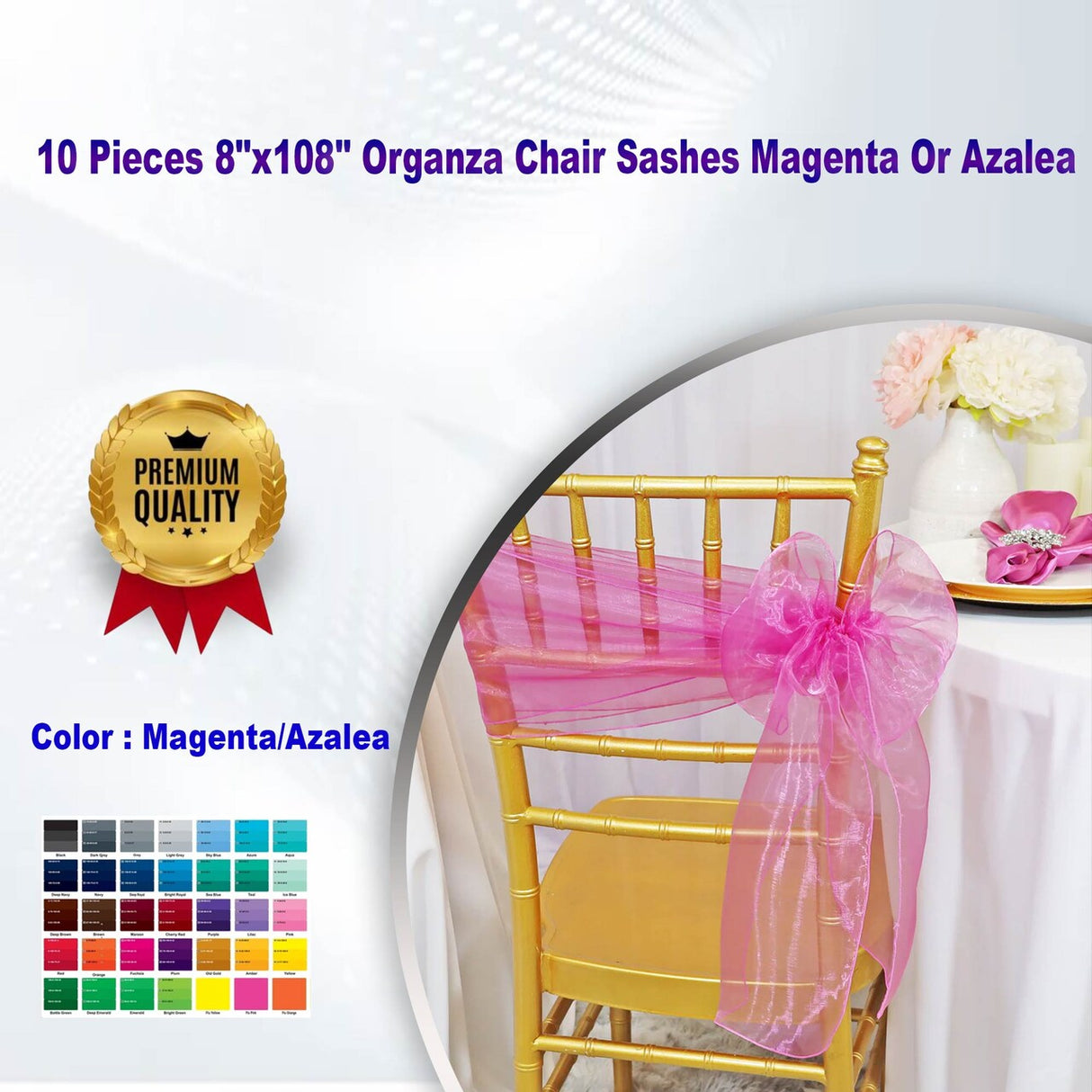 10 Pieces 8"x108" Organza Chair Sashes Magenta Or Azalea