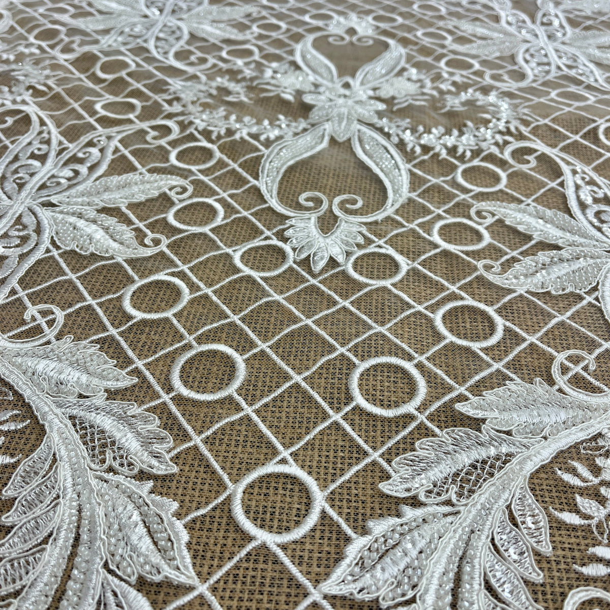 1 Yard 53" Wide Beaded & Corded Bridal Lace Fabric Embroidered on 100% Polyester Net Mesh