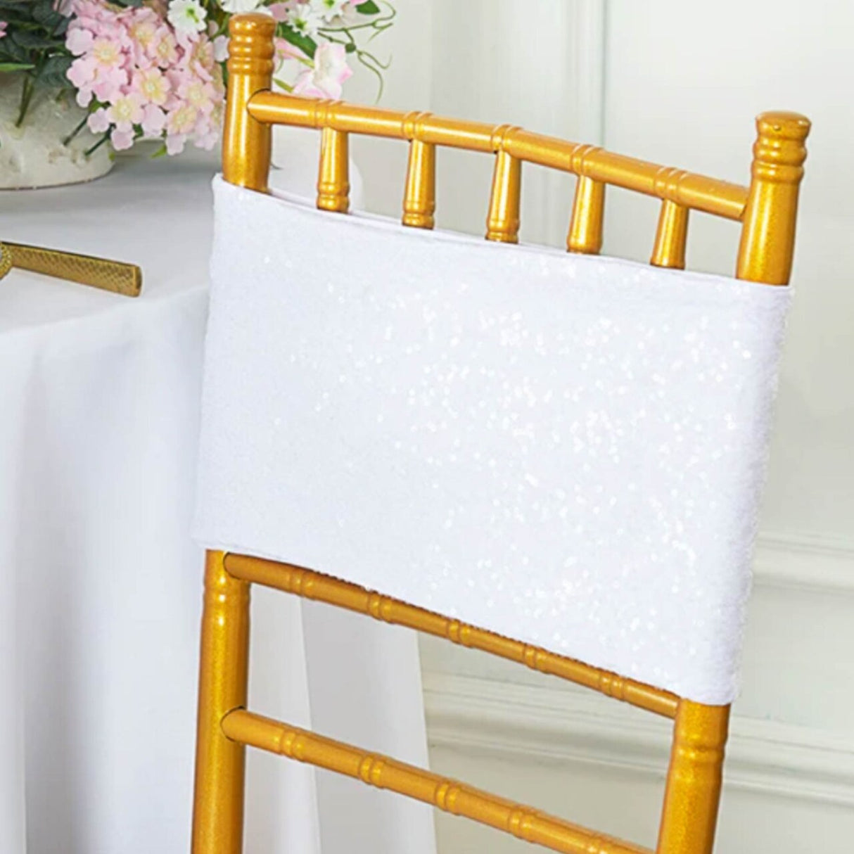 10 Pieces Sparkling White Sequin Stretch Spandex Chair Bands 7 x 13 Inches