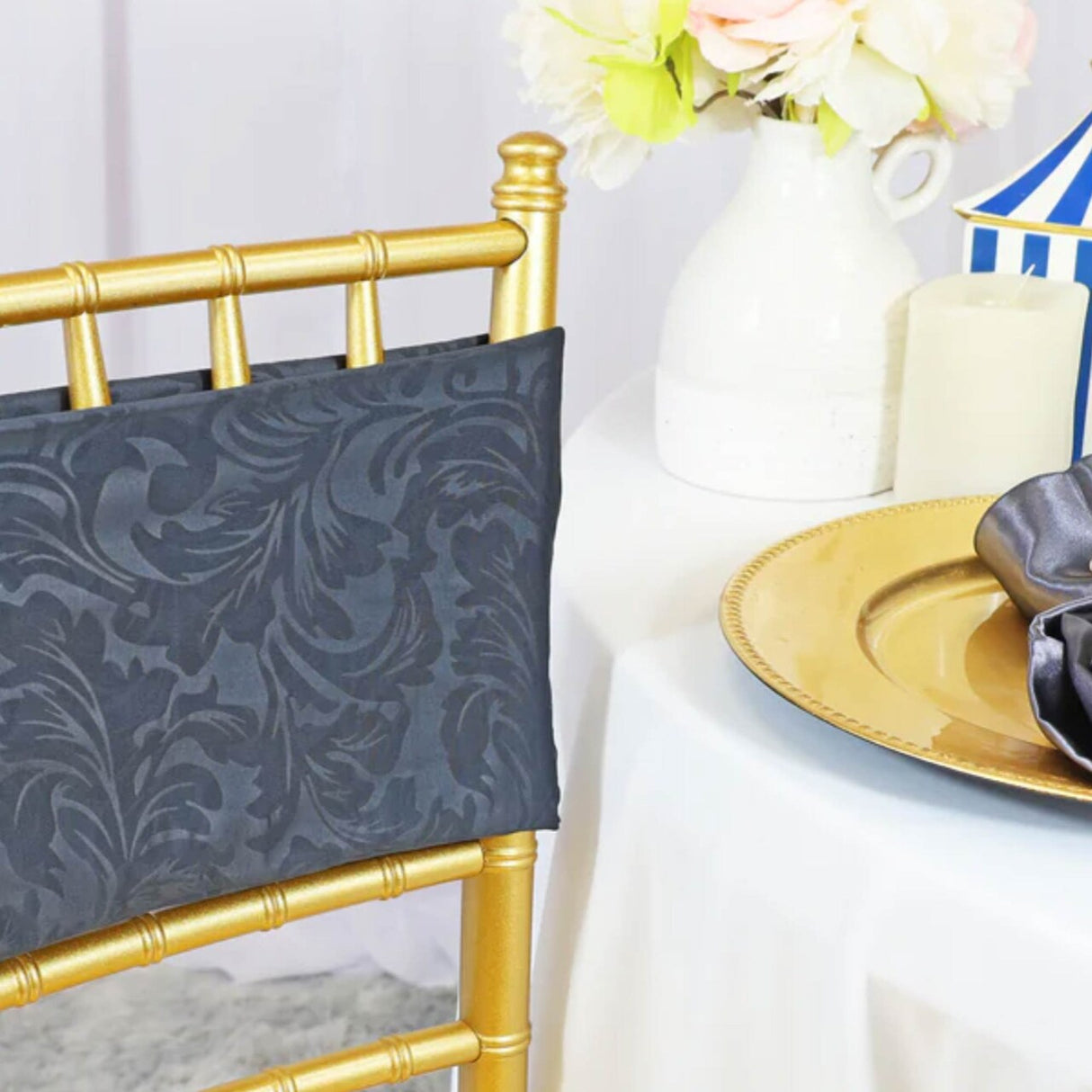 10 Pieces Pewter or Charcoal Embossed Spandex Chair Bands 7.5"x13" Durable Banquet Bands