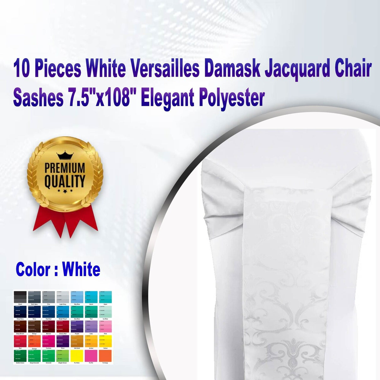 10 Pieces White Versailles Damask Jacquard Chair Sashes 7.5"x108" Elegant Polyester