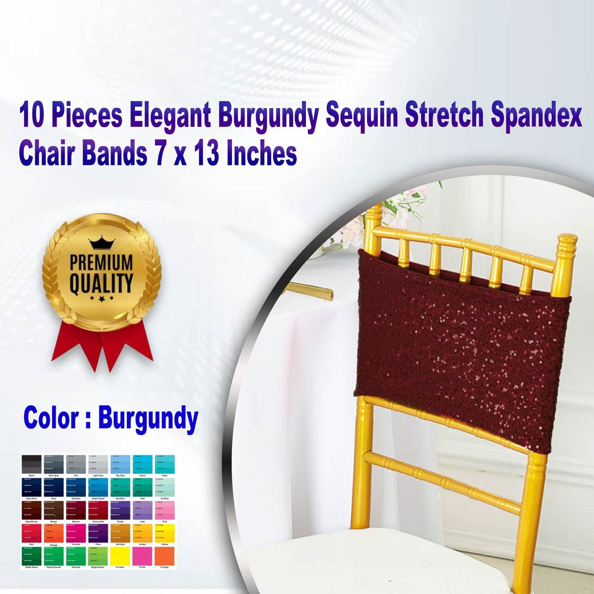 10 Pieces Elegant Burgundy Sequin Stretch Spandex Chair Bands 7 x 13 Inches