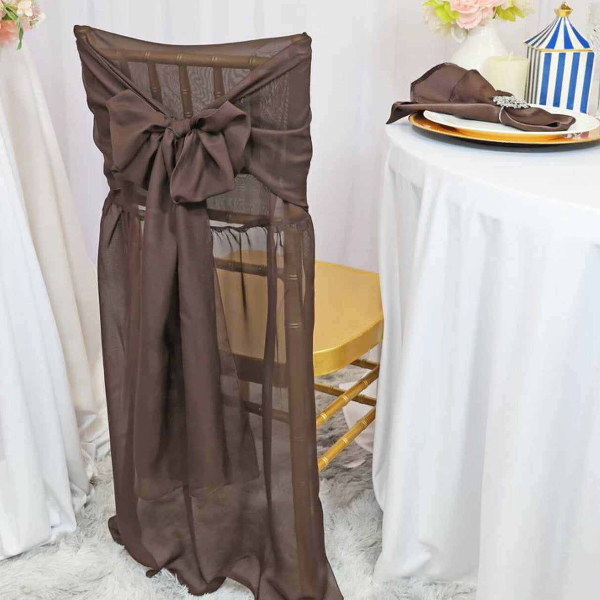 1 Piece Chocolate Chiffon Chair Back Drape with Sash Chiavari Chair Accent