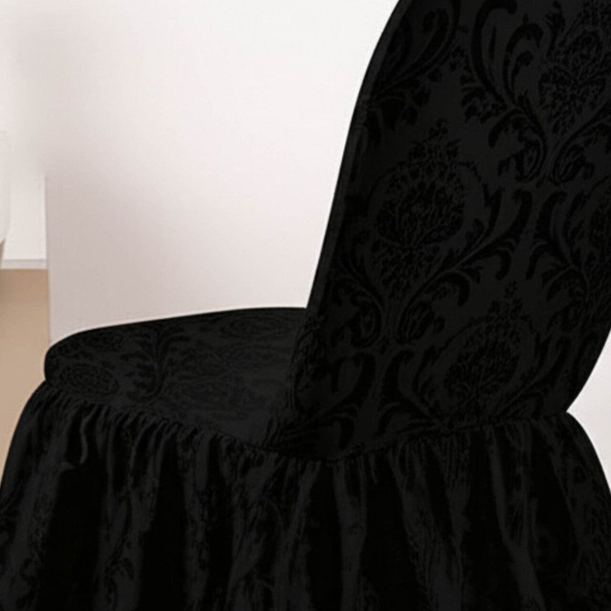 1 Piece Black Floral Damask Jacquard Polyester Banquet Skirt Chair Cover for Elegant Events