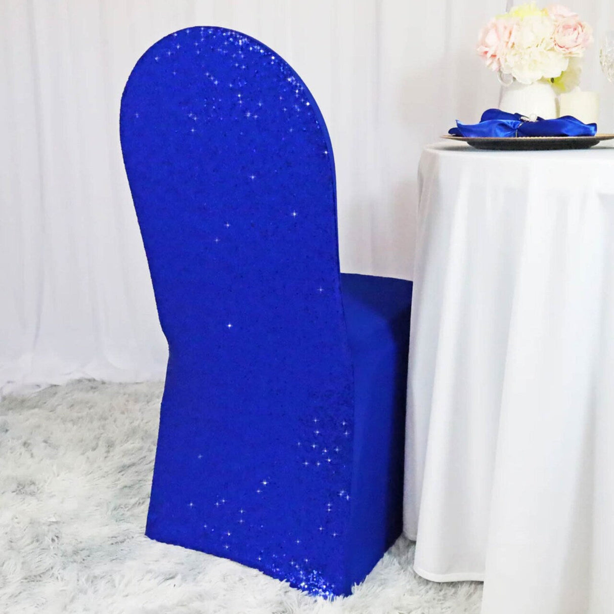 1 Piece Sequin Spandex Banquet Chair Cover Royal Blue Stretch Sparkle Event Decoration
