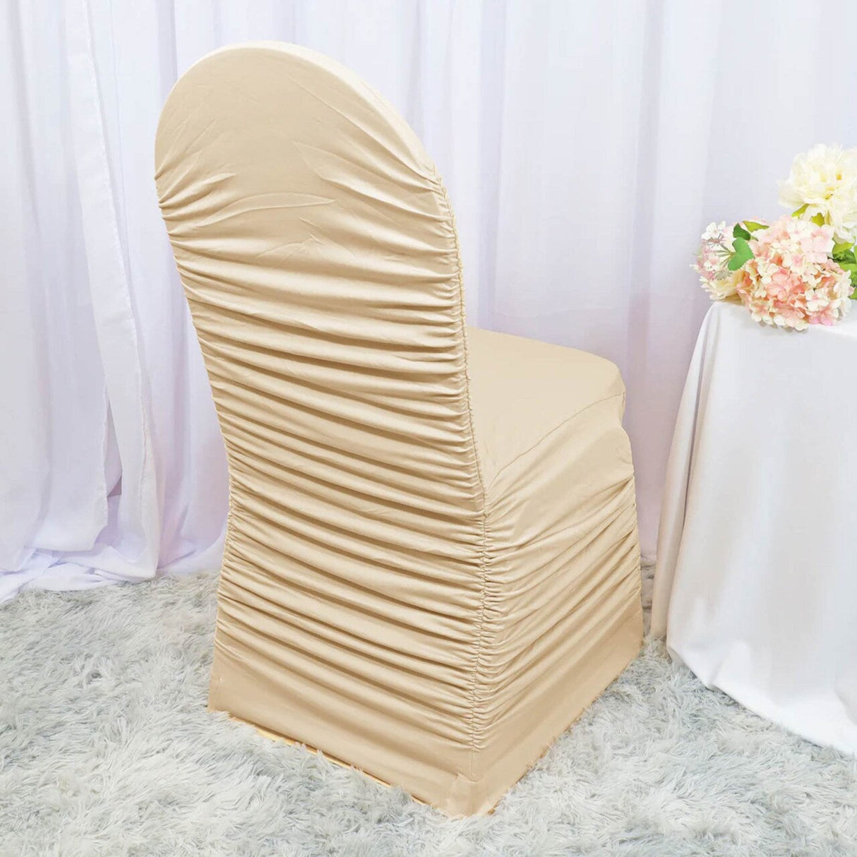 1 Piece Champagne Rouge Spandex Banquet Chair Cover with Elegant Ruffles