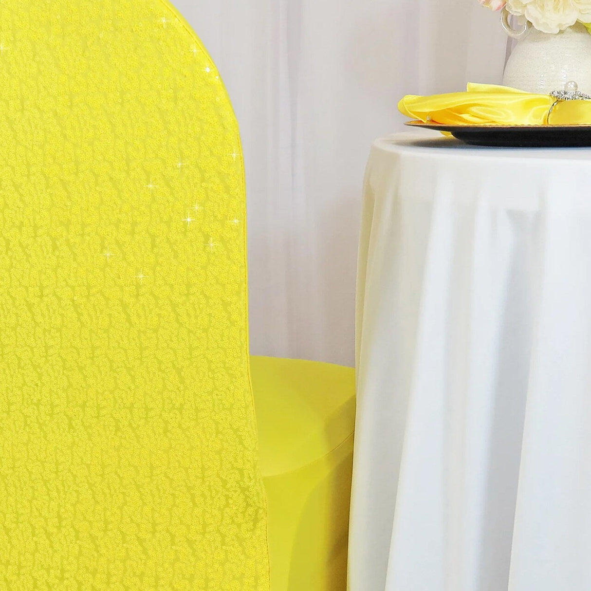 1 Piece Canary Yellow Sequin Spandex Chair Cover Stretch Fit Banquet Style