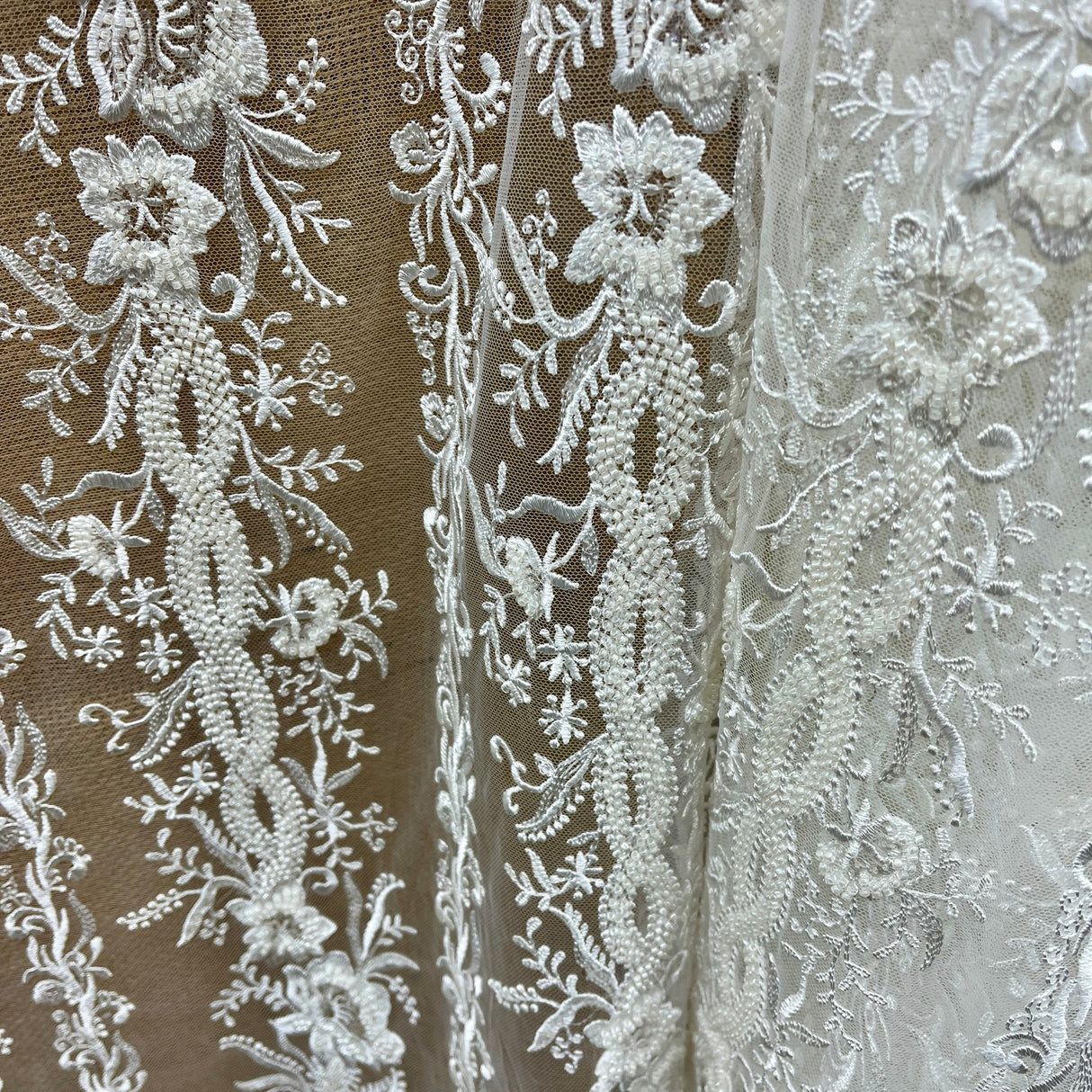 1 Yard Elegant Beaded Lace Fabric with Floral & Sequin Embroidery on Polyester Net Mesh Couture Quality 51" Wide