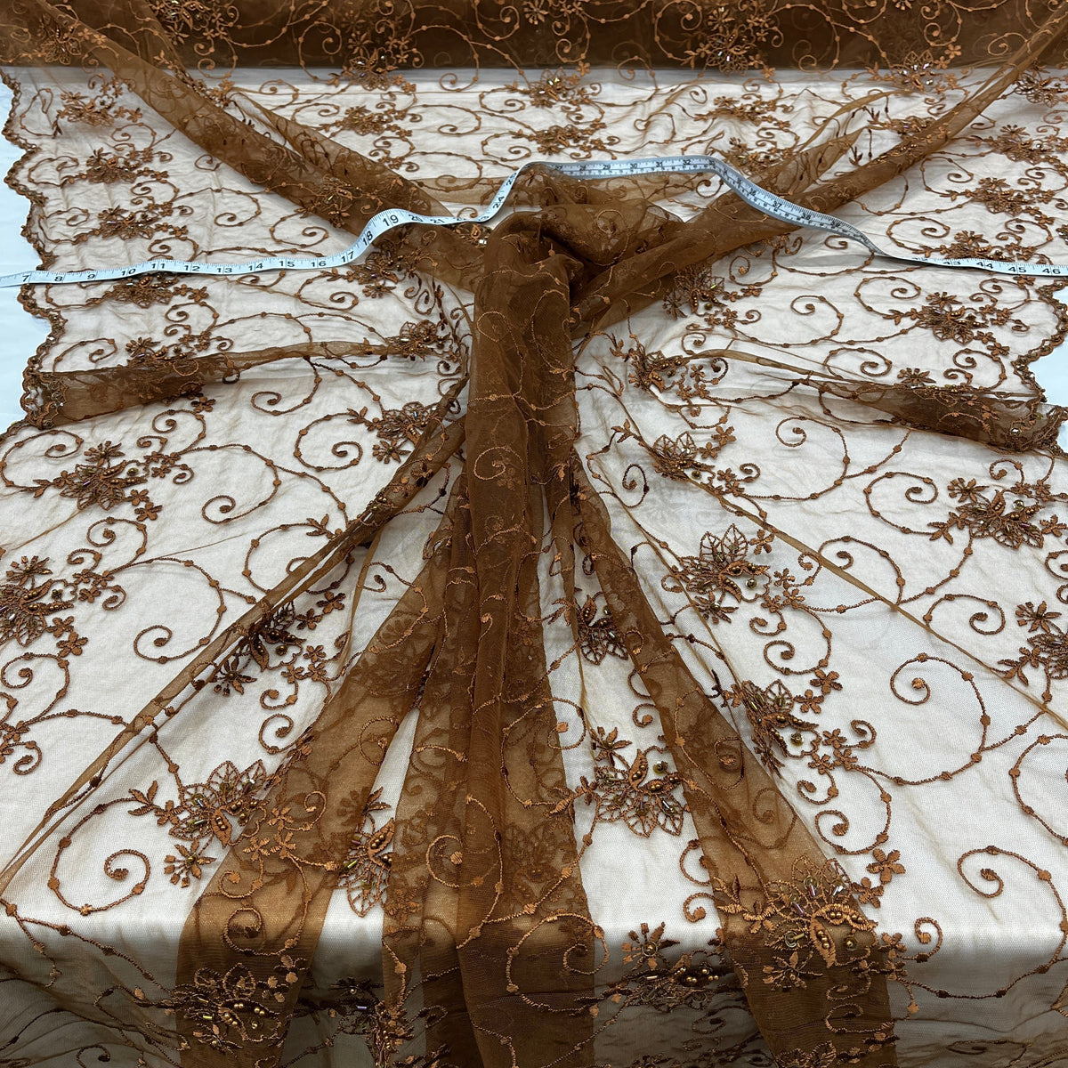 1 Yard Elegant Beaded Lace Fabric on 100% Polyester Mesh, Embroidered Floral Design for Gowns & Decor