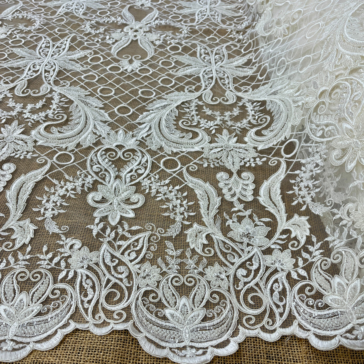 1 Yard 53" Wide Beaded & Corded Bridal Lace Fabric Embroidered on 100% Polyester Net Mesh