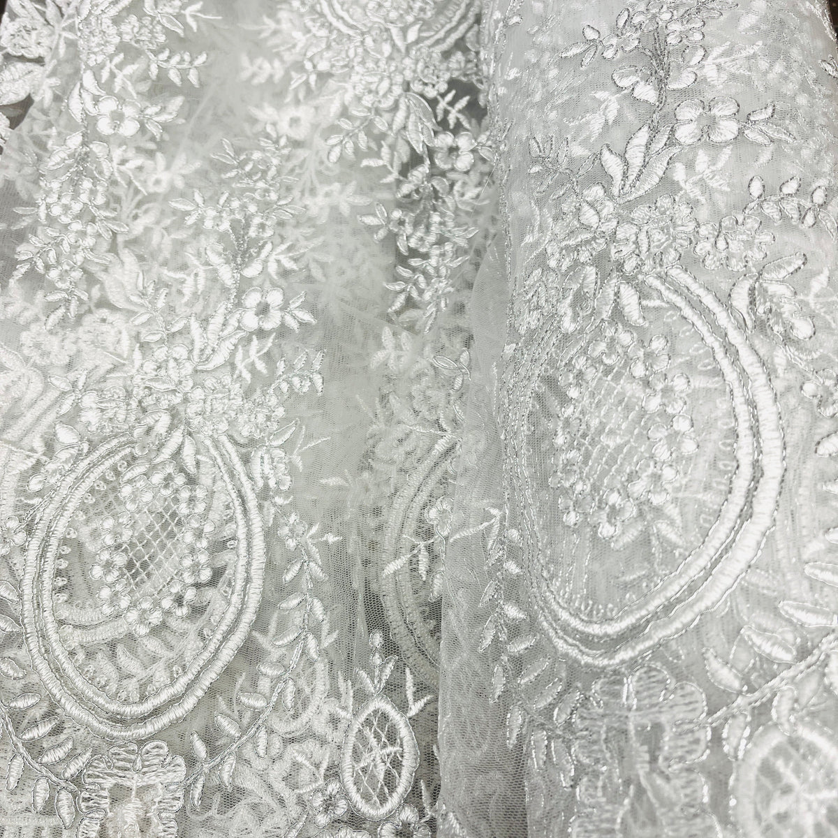 1 Yard 48" Wide Corded Bridal Lace Fabric Embroidered on 100% Polyester Net Mesh