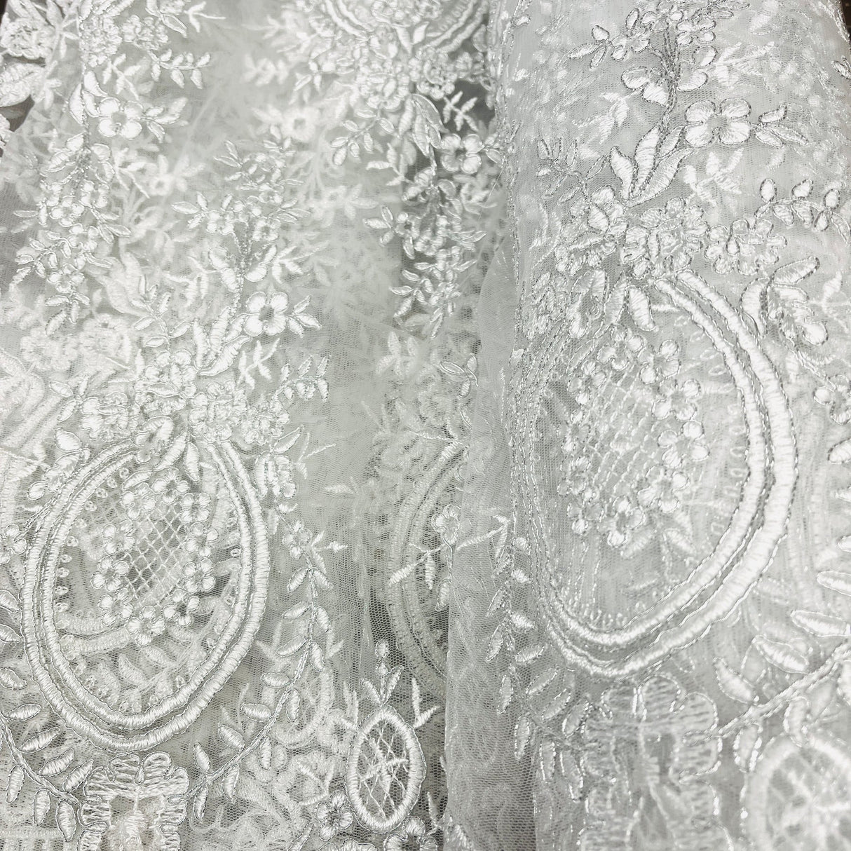 1 Yard Elegant White Corded Bridal Lace Fabric on 100% Polyester Net Mesh 48 inch Width