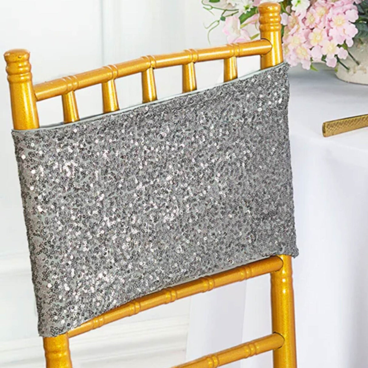 10 Pieces Shimmering Silver Sequin Stretch Spandex Chair Bands 7 x 13 Inches