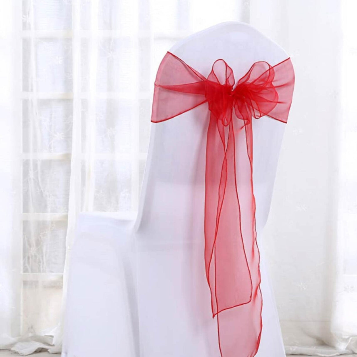 10 Pieces Red Organza Fabric Chair Wraps, 12"x116" Sophisticated Angled Design