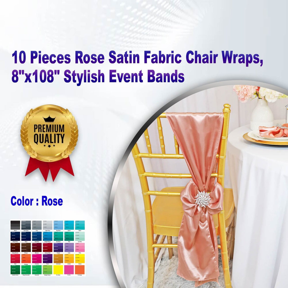 10 Pieces Rose Satin Fabric Chair Wraps, 8"x108" Stylish Event Bands