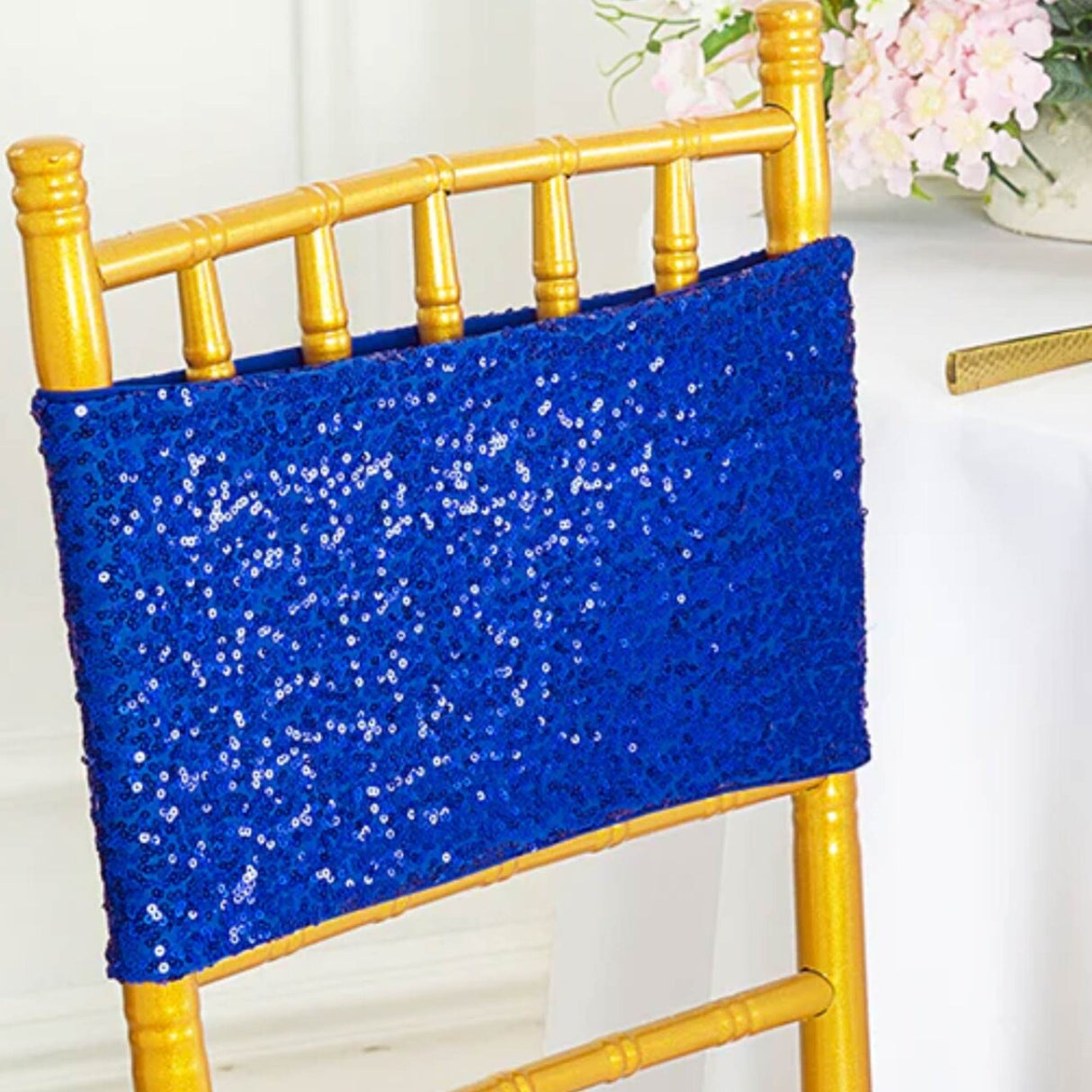 10 Pieces Radiant Royal Blue Sequin Stretch Spandex Chair Bands 7 x 13 Inches