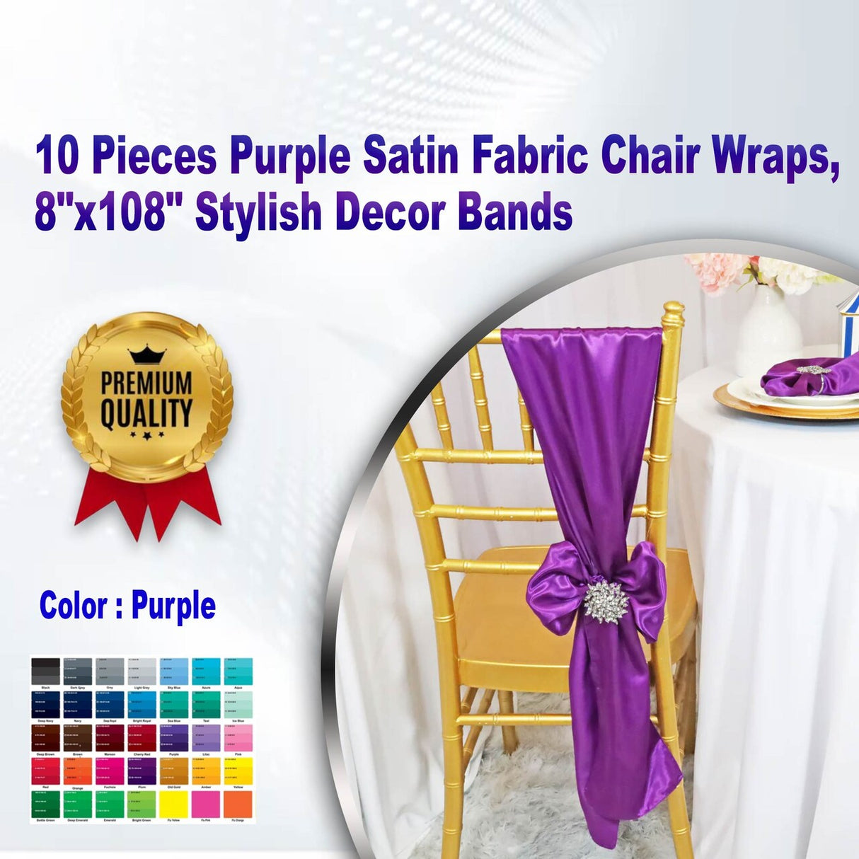 10 Pieces Purple Satin Fabric Chair Wraps, 8"x108" Stylish Decor Bands