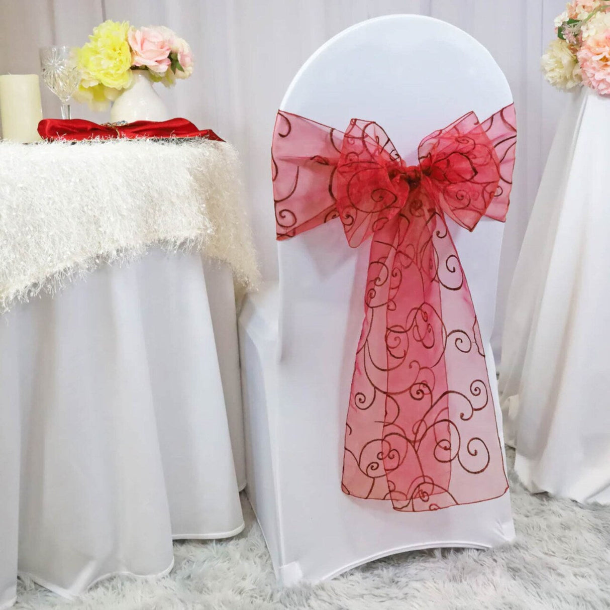 10 Pieces Apple Red Sheer Embroidered Organza Chair Sashes 8"x108" for Weddings & Events