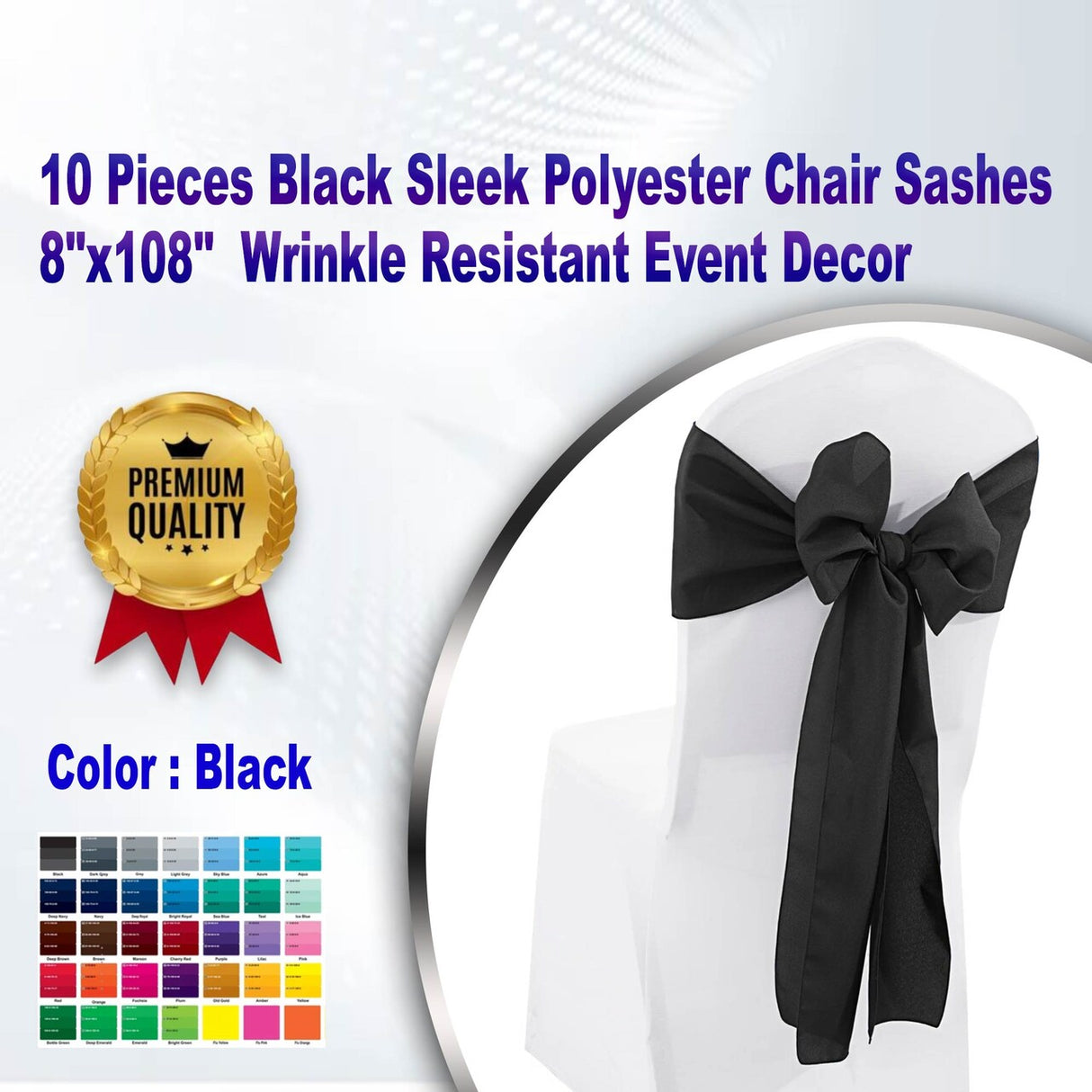 10 Pieces Black Sleek Polyester Chair Sashes 8"x108" Wrinkle Resistant Event Decor