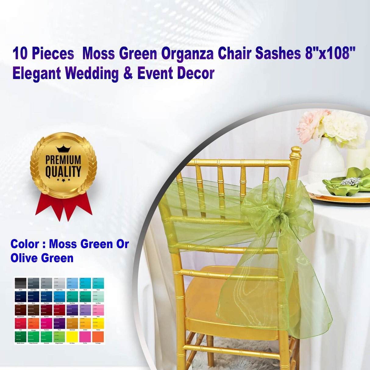 10 Pieces Moss Green Organza Chair Sashes 8"x108" Elegant Wedding & Event Decor