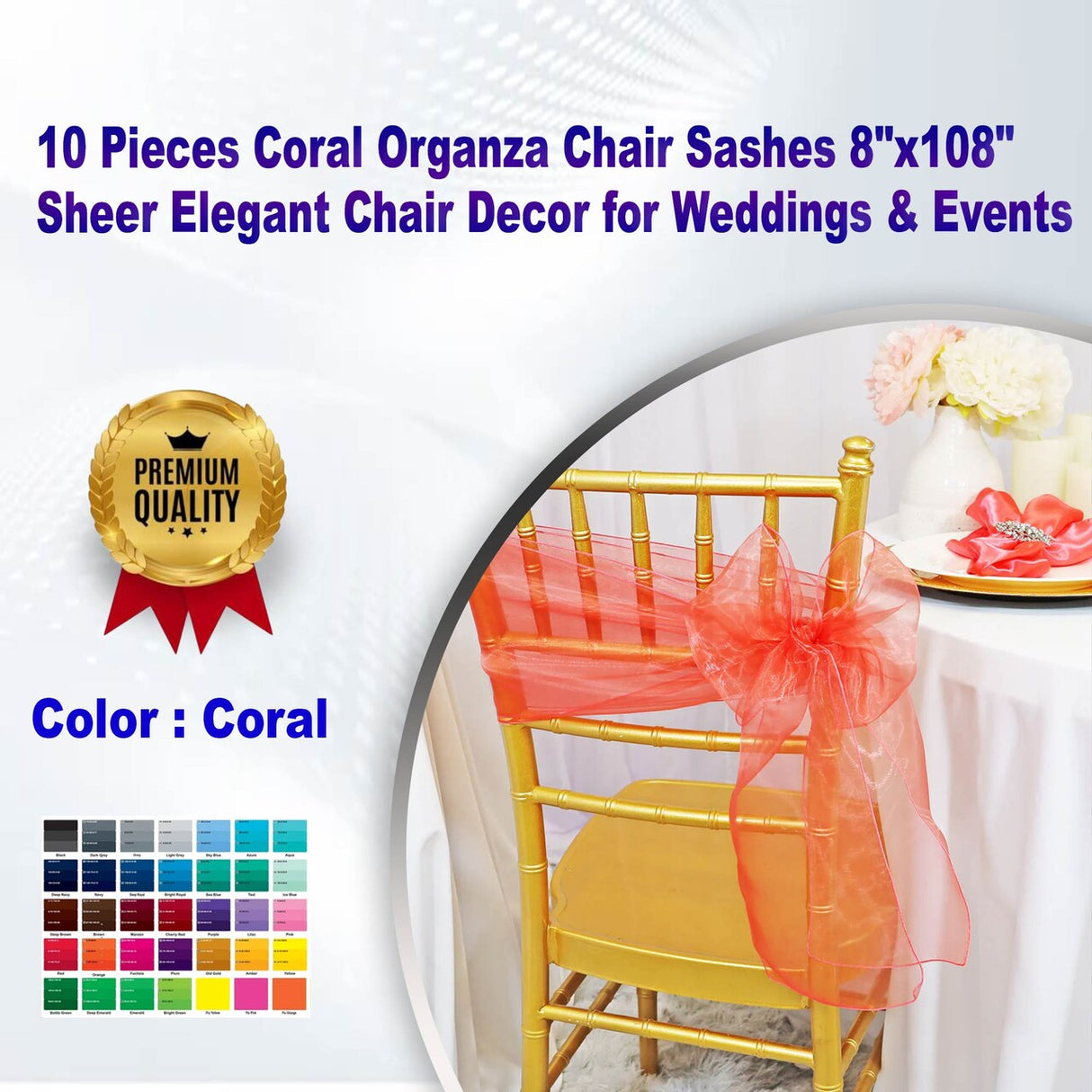 10 Pieces Coral Organza Chair Sashes 8"x108" Sheer Elegant Chair Decor for Weddings & Events