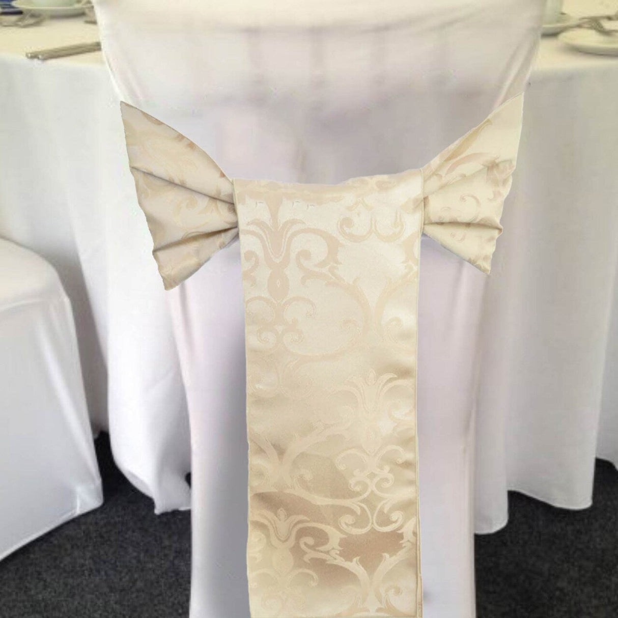 10 Pieces Champagne Versailles Damask Jacquard Polyester Chair Sashes 7.5"x108"