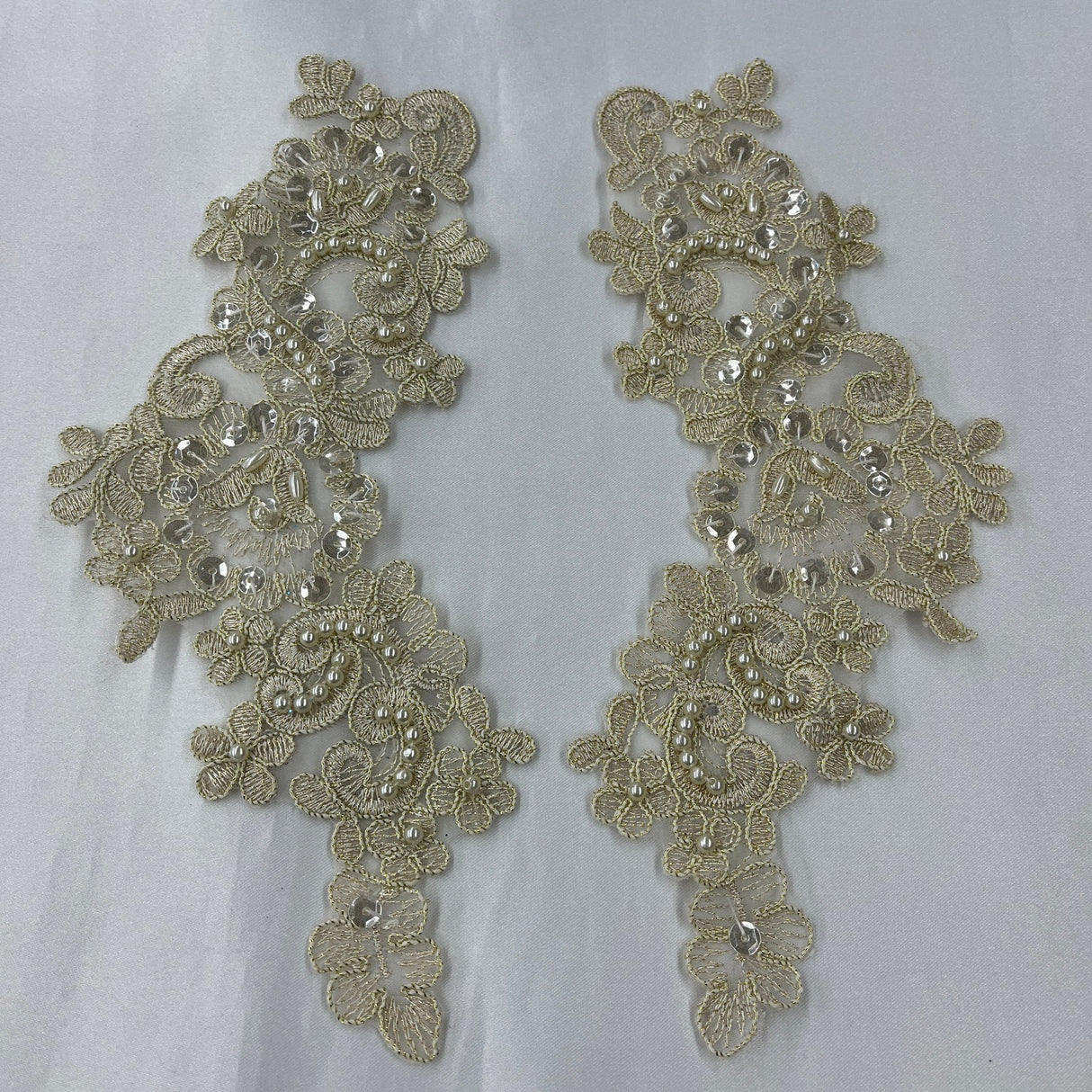 1 Pair 9" x 3" Each Side Beaded & Corded Floral Lace Applique Organza