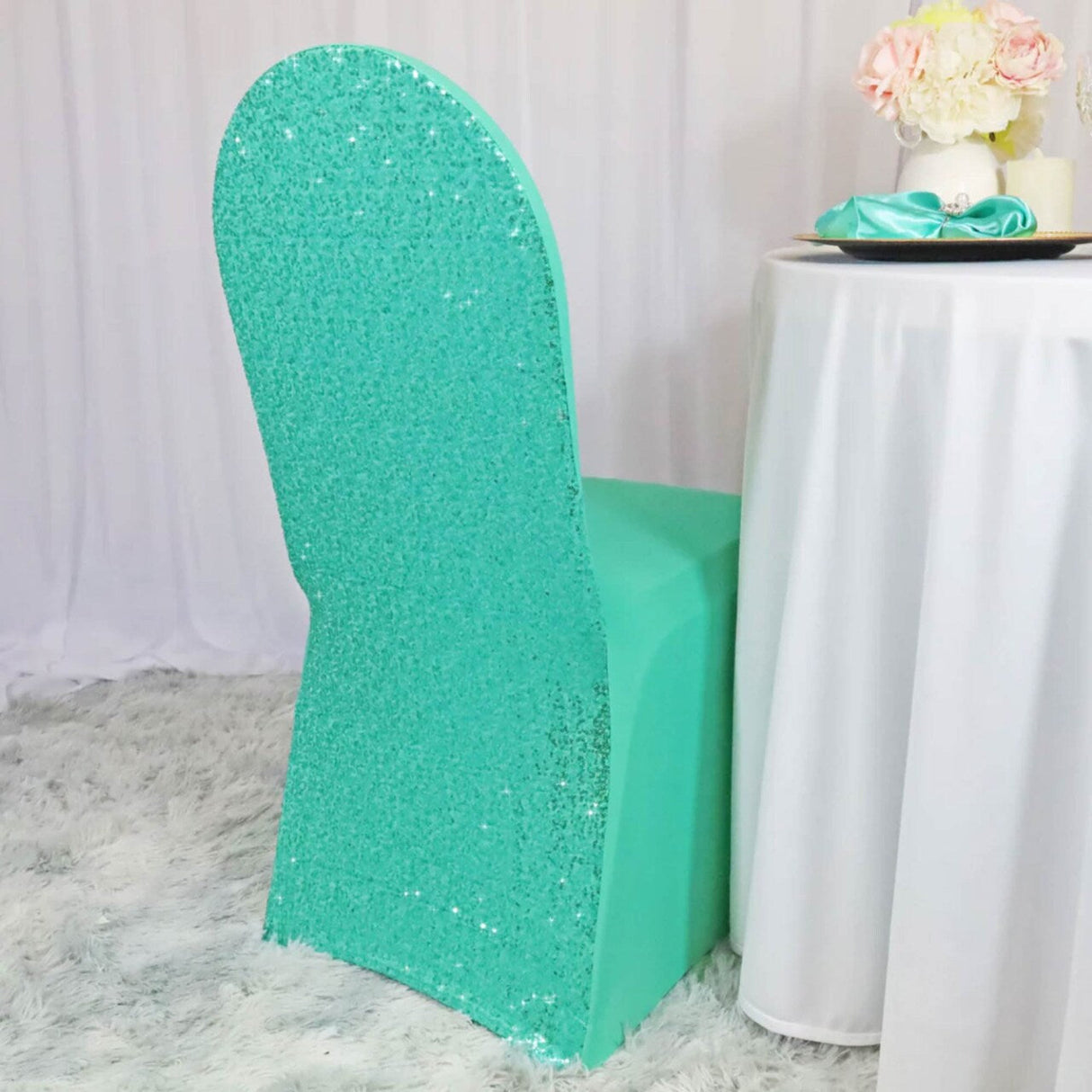 1 Piece Sequin Spandex Banquet Chair Cover Tiff Blue Or Aqua Blue Stretch Sparkle Decor