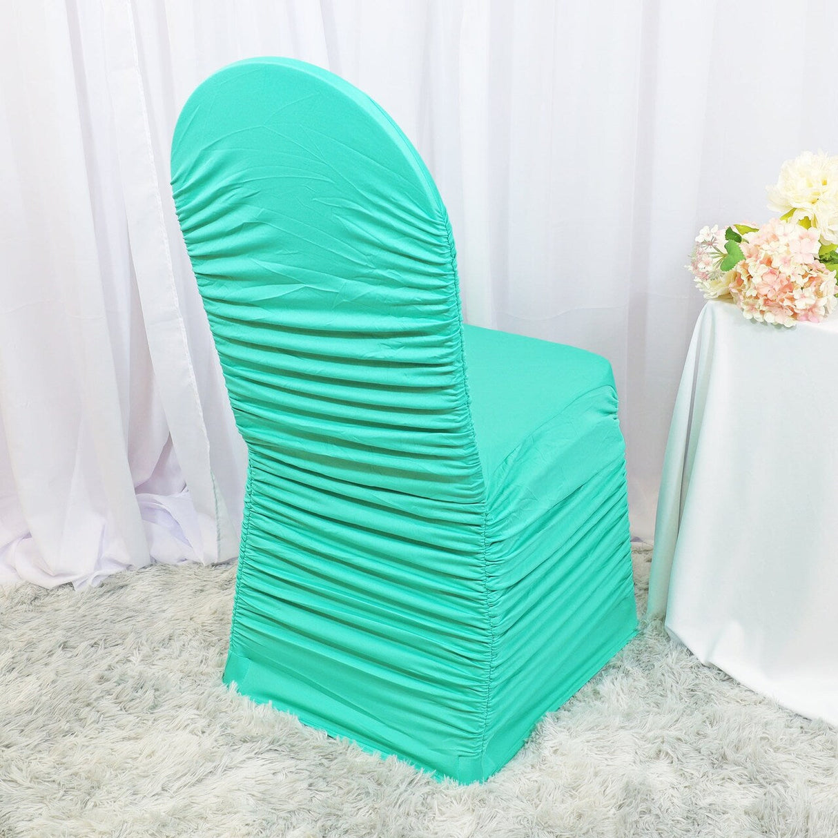 1 Piece Tiff Blue Aqua Rouge Chair Cover, Ruffled Spandex Fit for Banquet Chairs