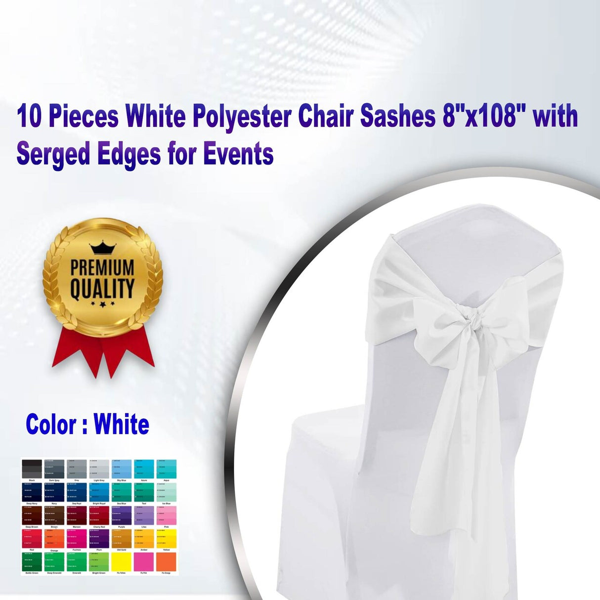 10 Pieces White Polyester Chair Sashes 8"x108" with Serged Edges for Events