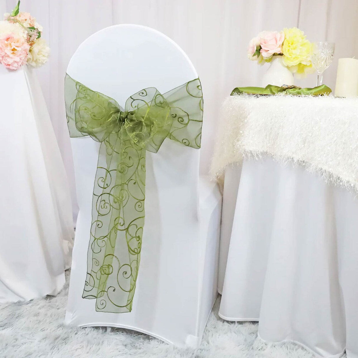 10 Pieces Moss Green Embroidered Organza Chair Sashes Elegant Sheer Wedding Decor 8"x108"