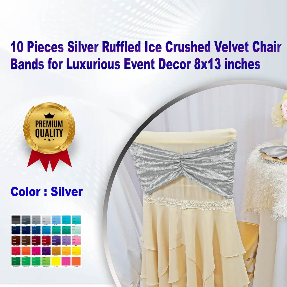 10 Pieces Silver Ruffled Ice Crushed Velvet Chair Bands for Luxurious Event Decor 8x13 inches