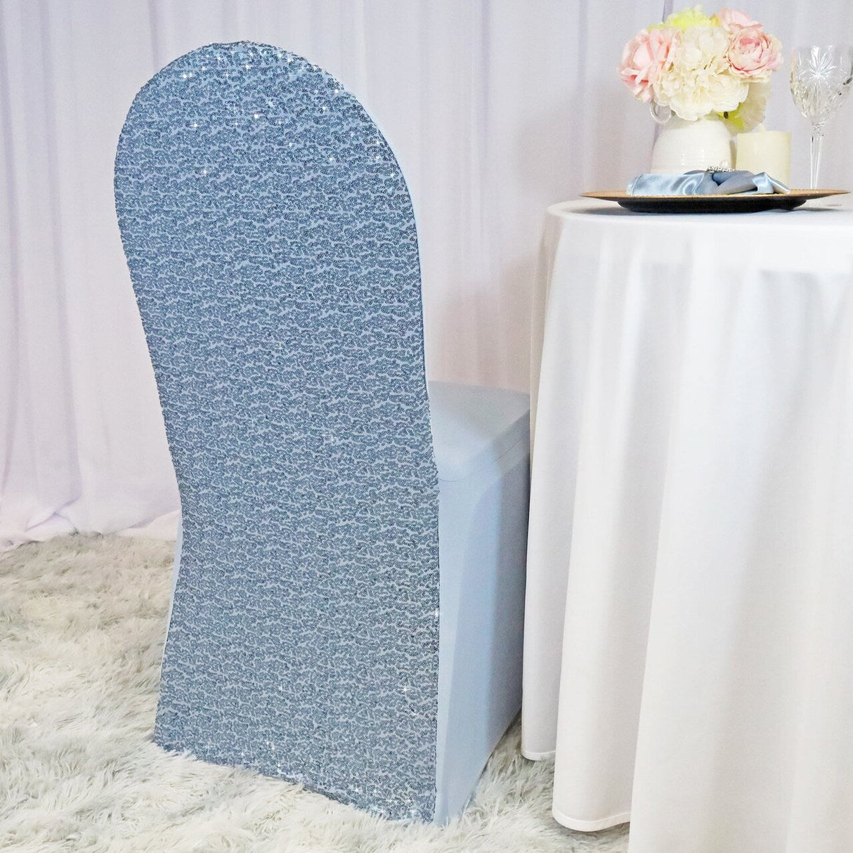 1 Piece Dusty Blue Sequin Stretch Chair Cover Banquet Fit with Sparkle