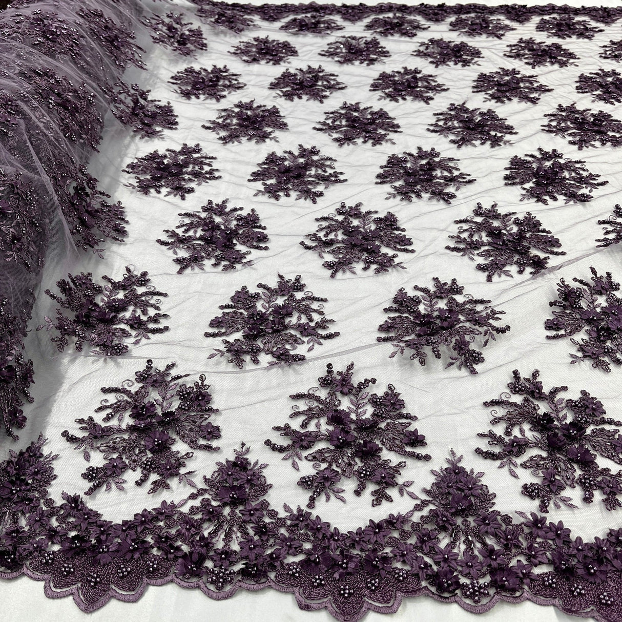 1 Yard Whimsical Pink Beaded 3D Floral Lace Fabric on Net Mesh 50 inch Width