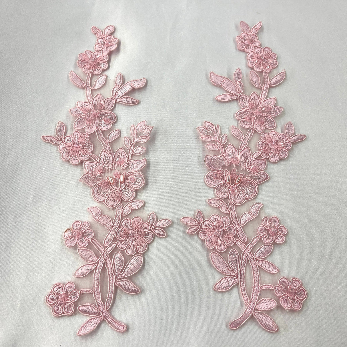 1 Pair Beaded & Corded Floral Lace Applique 10" x 2" Each Side