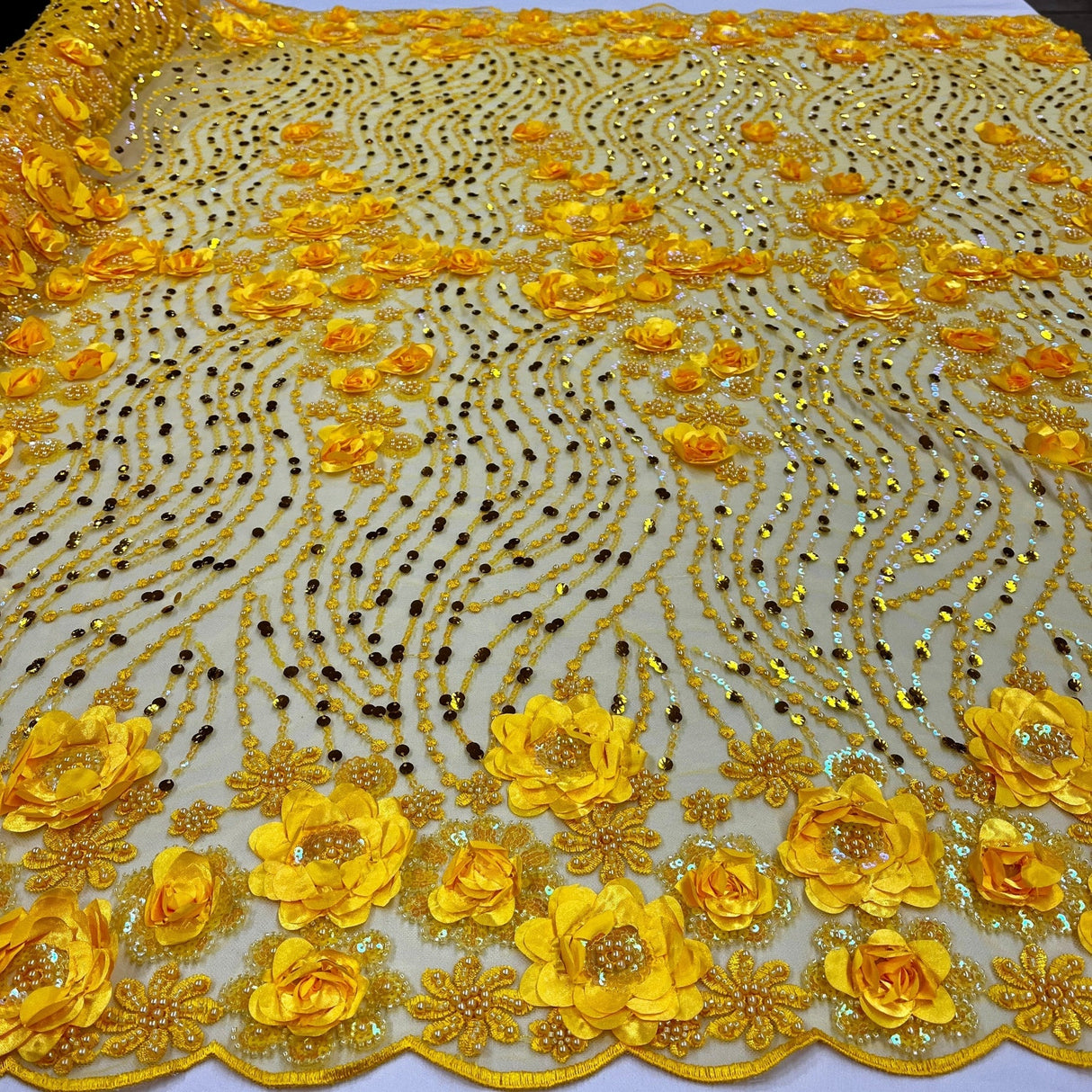 1 Yard Yellow 3D Floral Beaded & Sequined Lace Fabric, Embroidered Sparkling Mesh, 52" Wide, Polyester