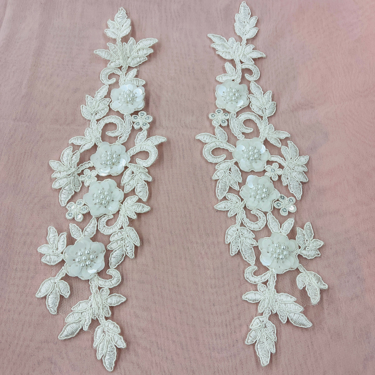 1 Yard Beaded & Corded Floral 3D Lace Applique Embroidered on 100% Polyester Net Mesh