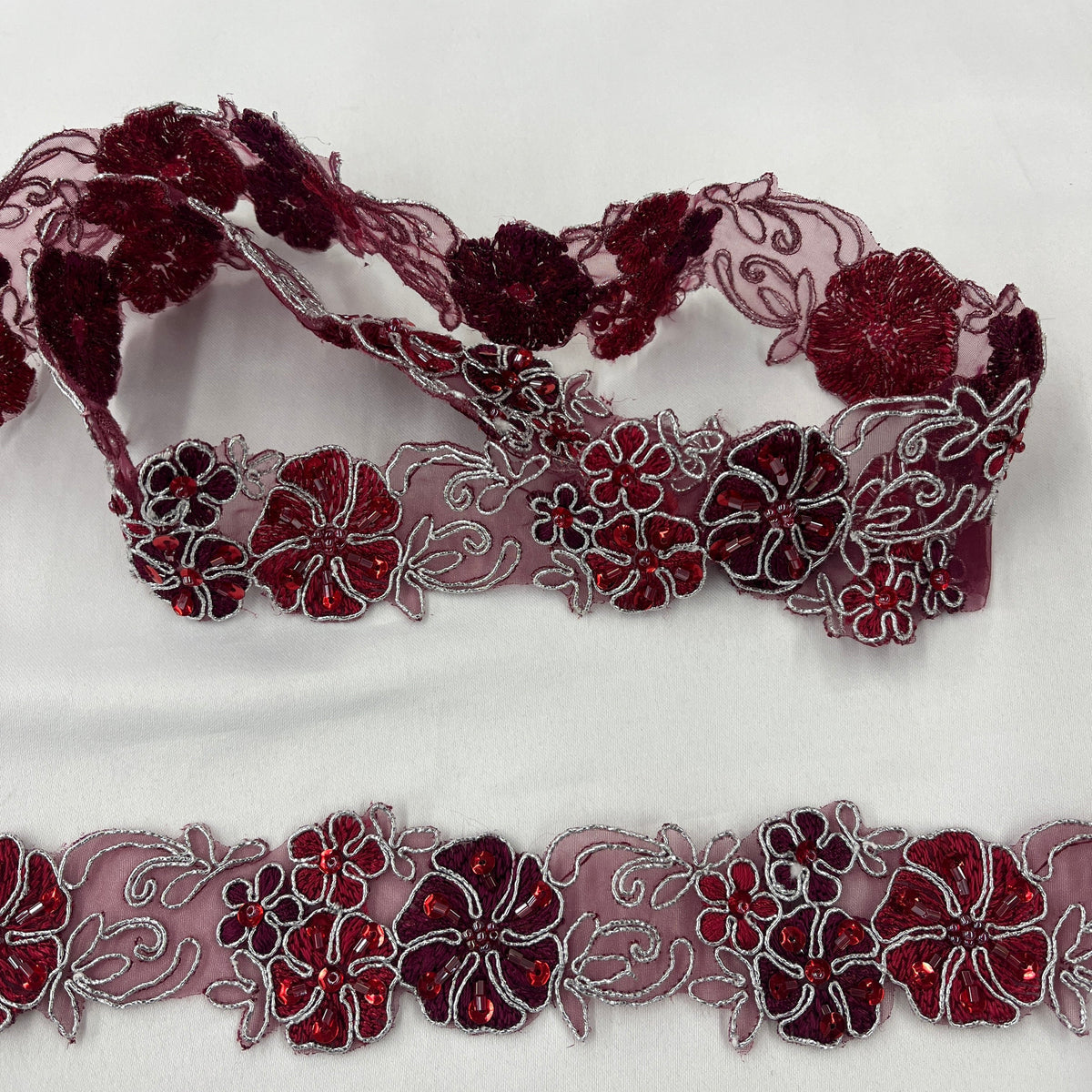 1 Yard Beaded & Corded Lace Trimming Embroidered on 100% Polyester Organza 1.5" Wide