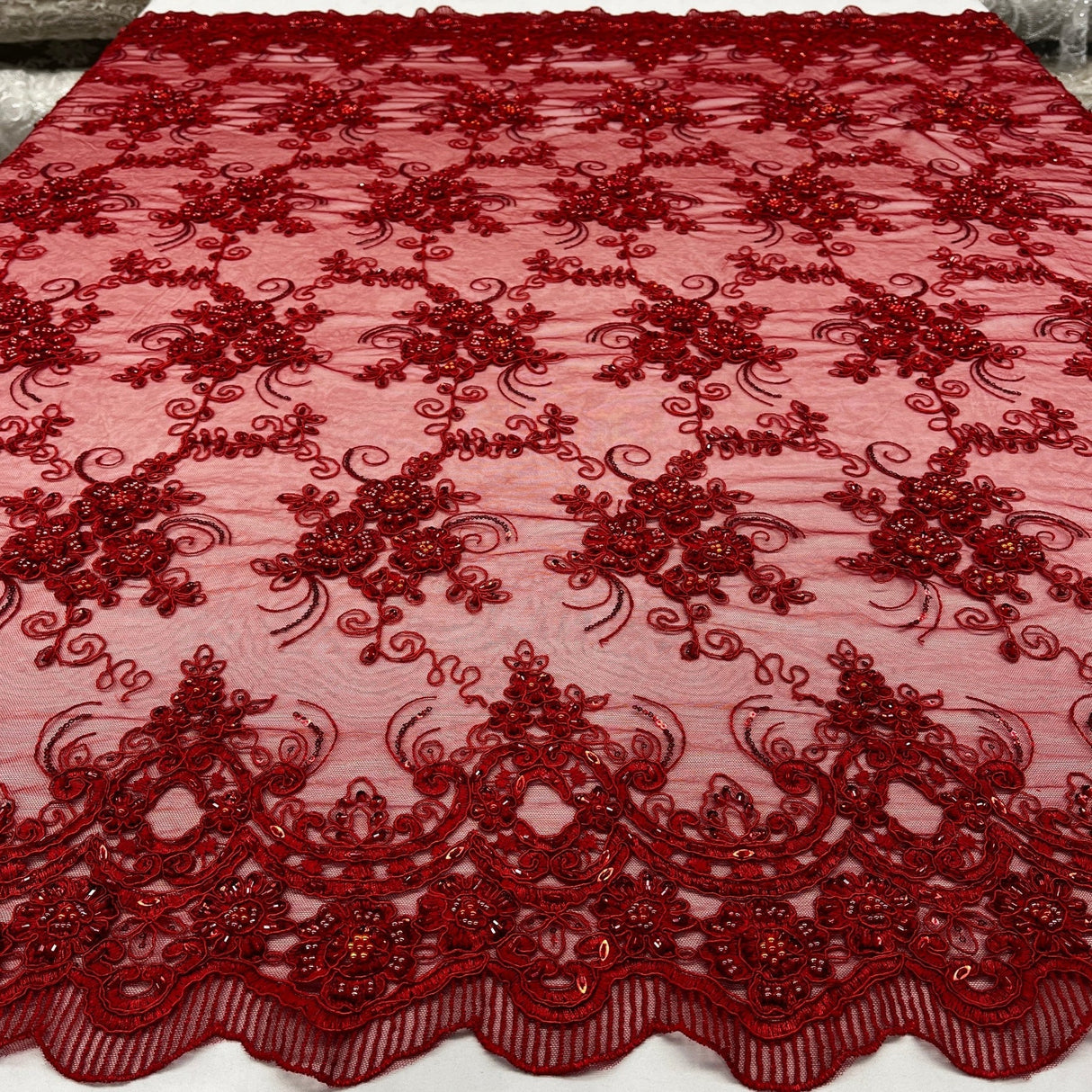 1 Yard Elegant Beaded and Corded Bridal Lace Fabric on Polyester Net Mesh 51" Width