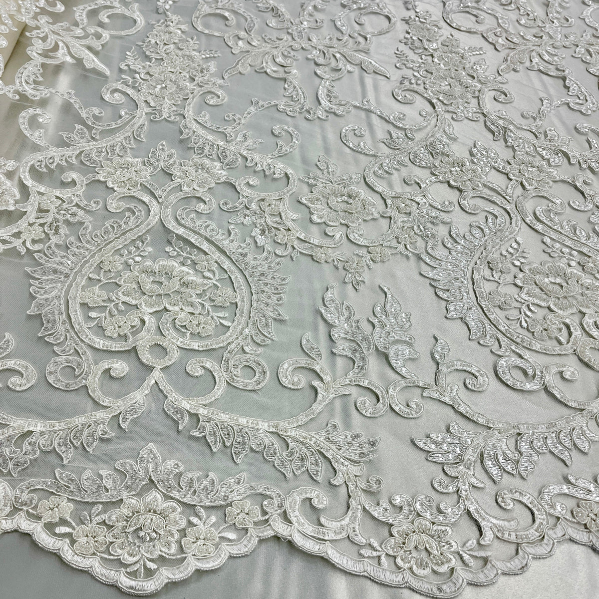 1 Yard Elegant Beaded & Corded Bridal Lace Fabric on Soft Polyester Mesh, GD-55719