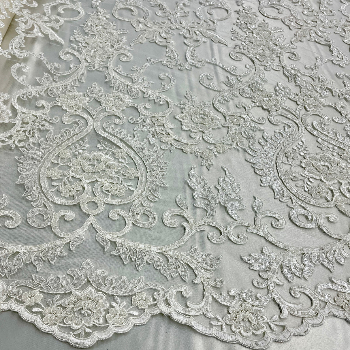 1 Yard Beaded & Corded Embroidered Bridal Lace Fabric on Mesh, Polyester, 54" Wide,
