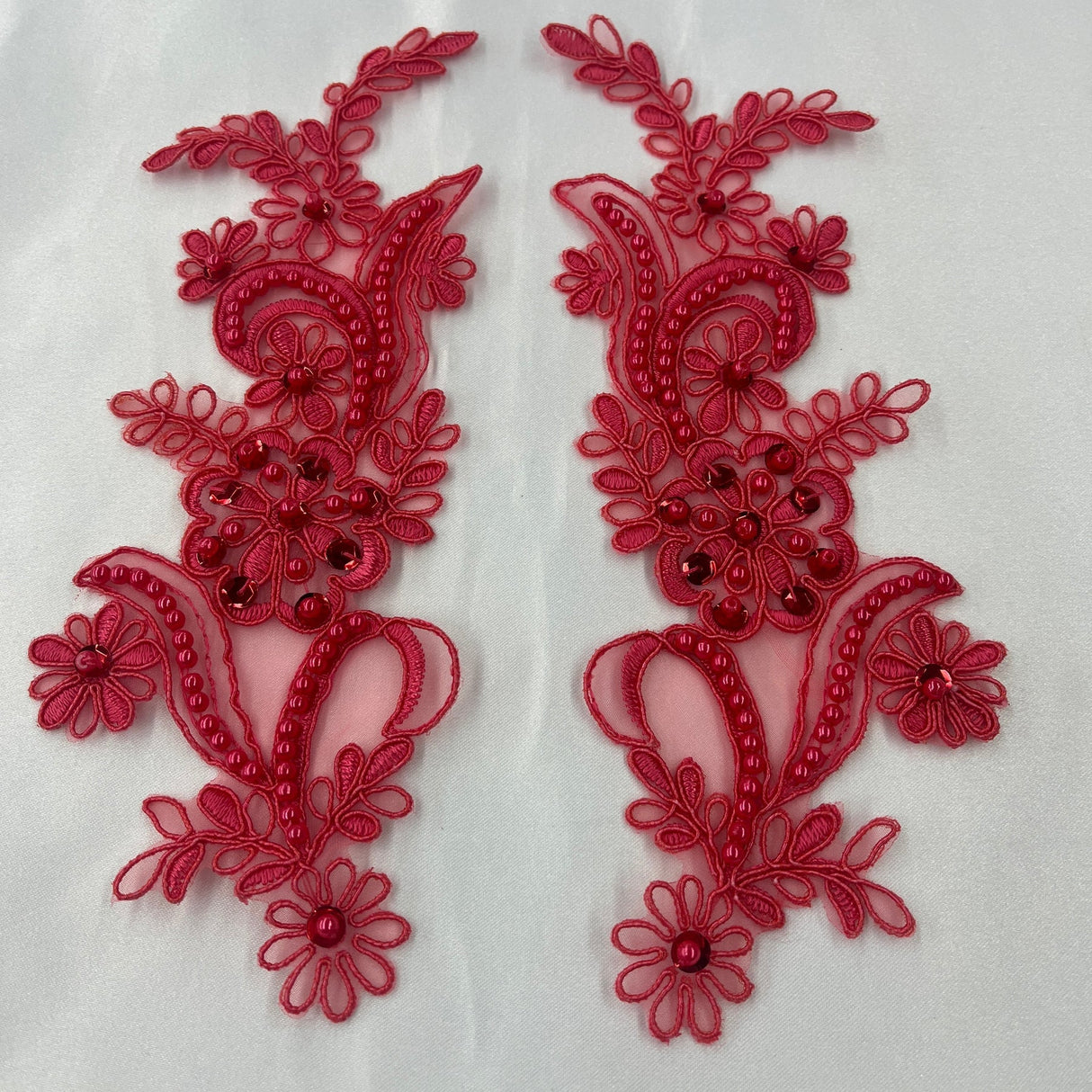 1 Pair Beaded & Corded Floral Lace Applique 9" x 2.5" Each Side