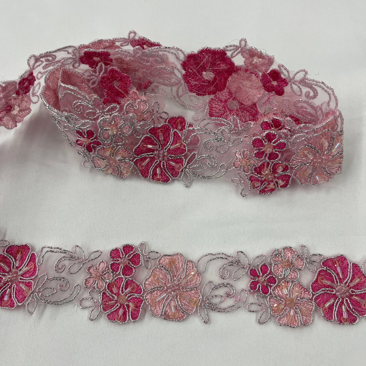 1 Yard Beaded & Corded Lace Trimming Embroidered on 100% Polyester Organza 1.5" Wide