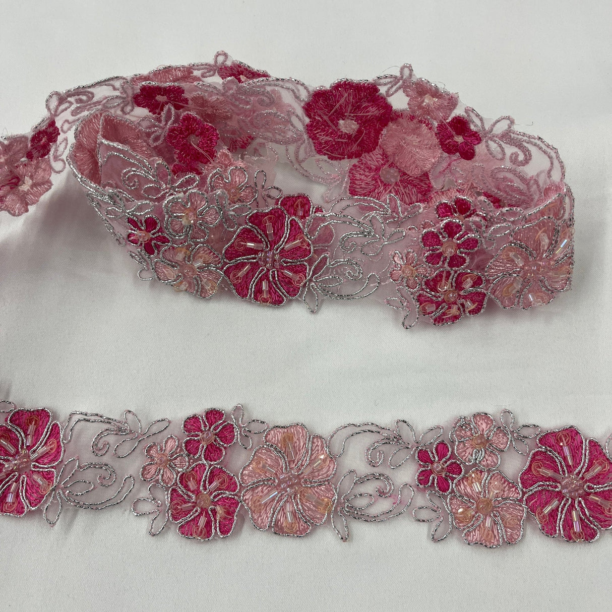 1 Yard Beaded Corded Embroidered Lace Trim 1.5" Wide 100% Polyester Organza for Dresses & Costumes