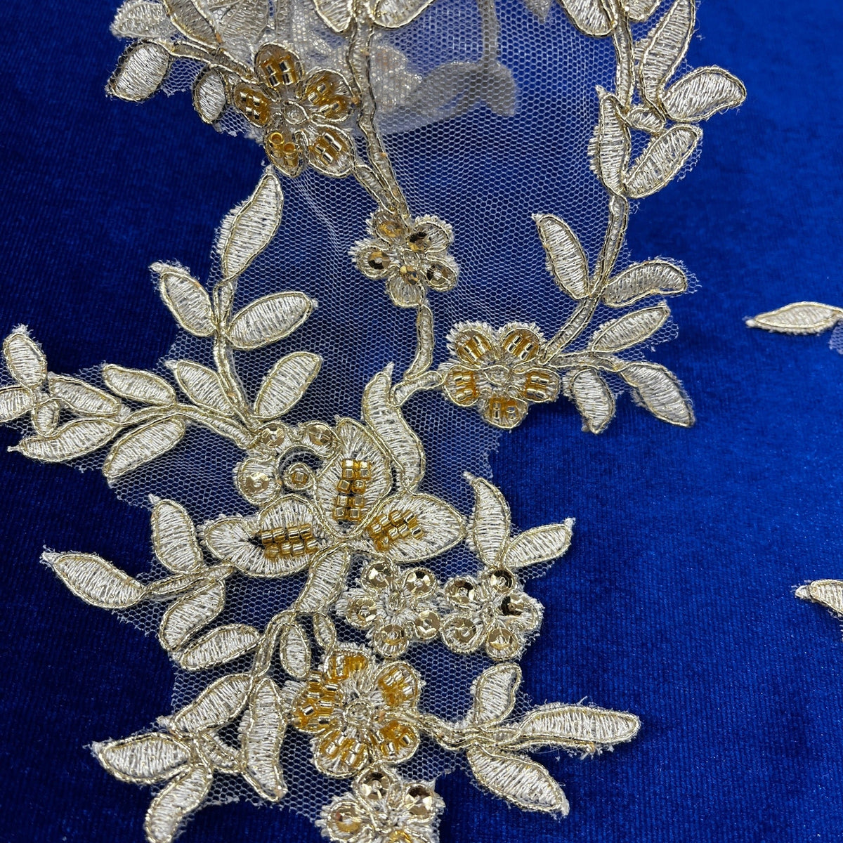 1 Yard Beaded and Corded Floral Lace Applique Net Mesh 17" x 4.5" Each Side