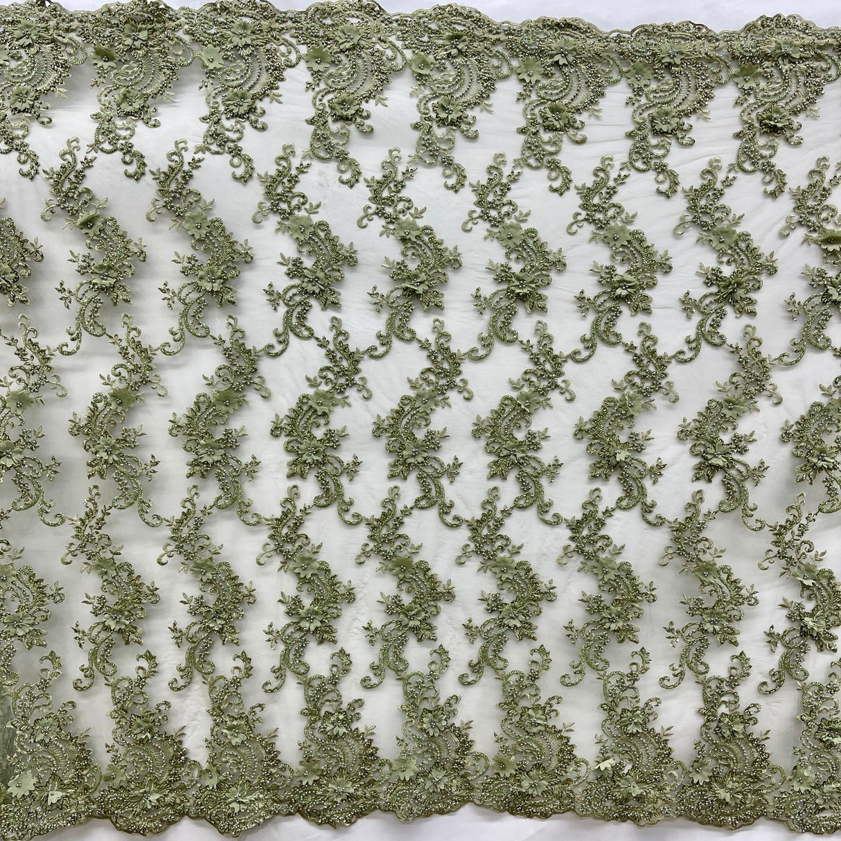 1 Yard Sage 3D Beaded Floral Embroidered Lace Fabric on Polyester Mesh, 52” Wide